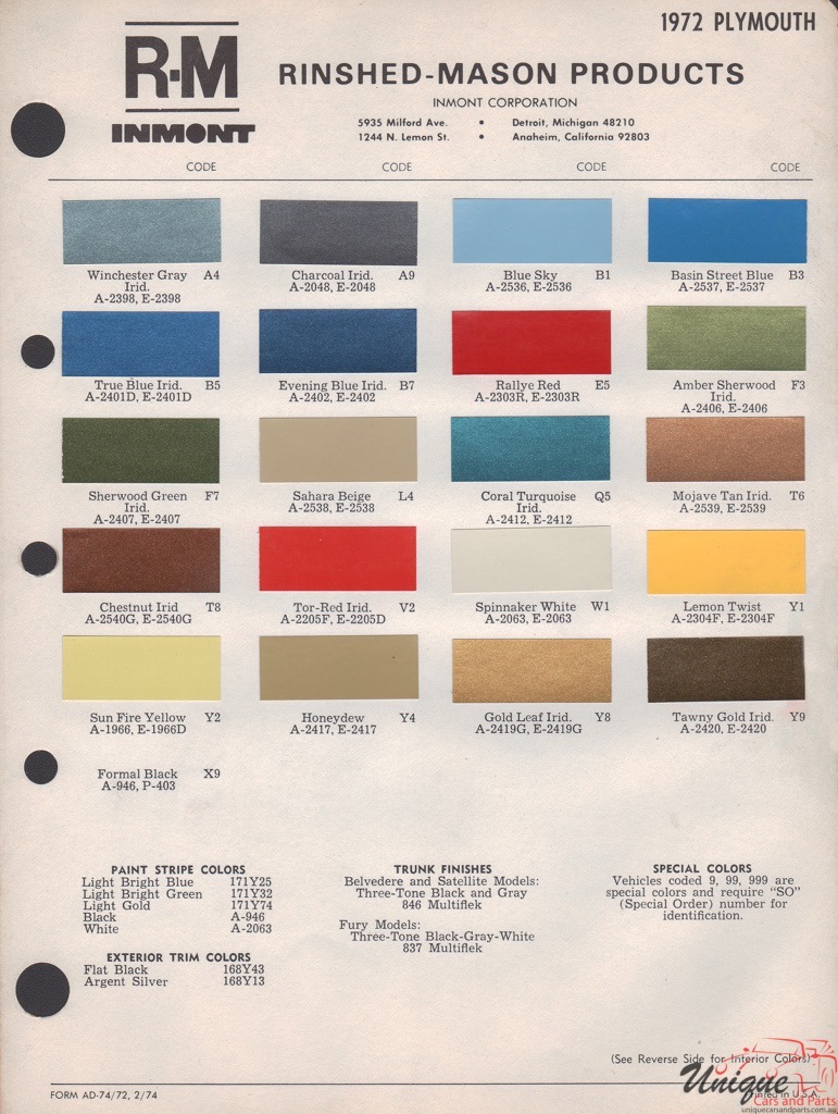 1972 Plymouth Paint Charts RM 1